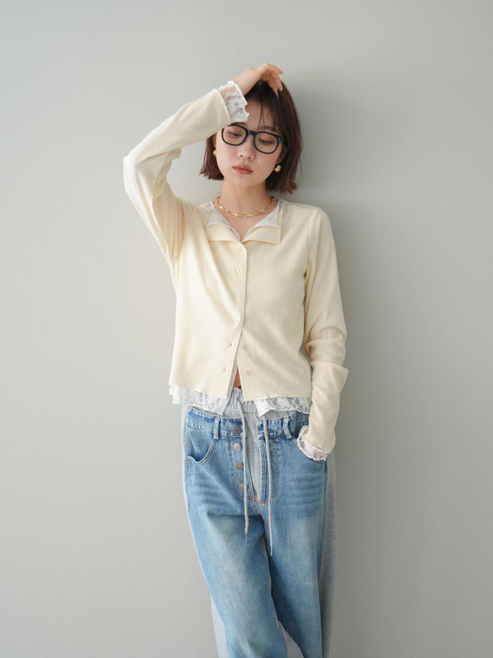 [SET]レースドッキングテレコリブカーディガン+デニム切替スウェットパンツ(2set)