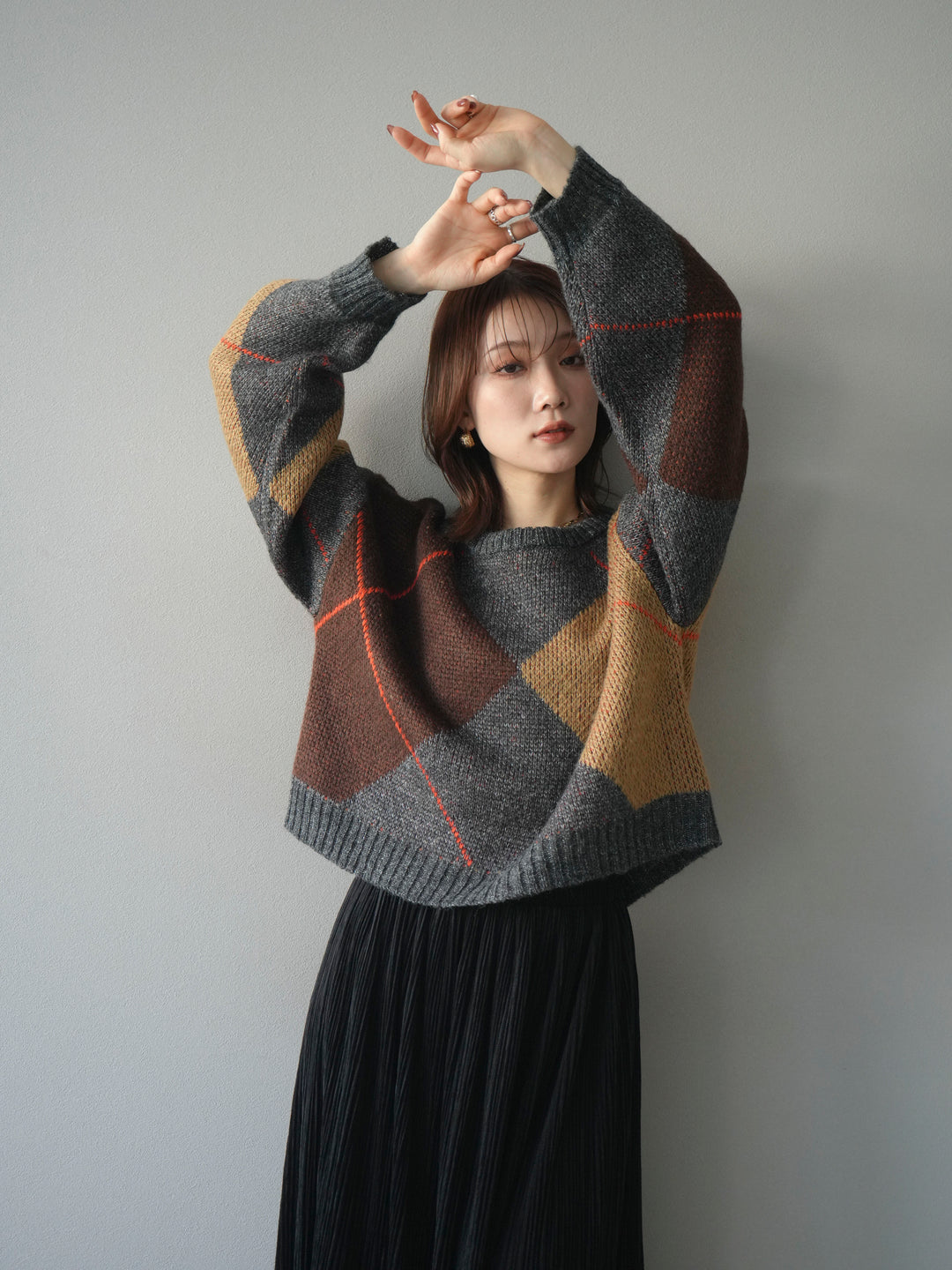 [SET]配色ステッチアーガイル柄ニットプルオーバー+裾レーススウェードプリーツマキシスカート(2set)