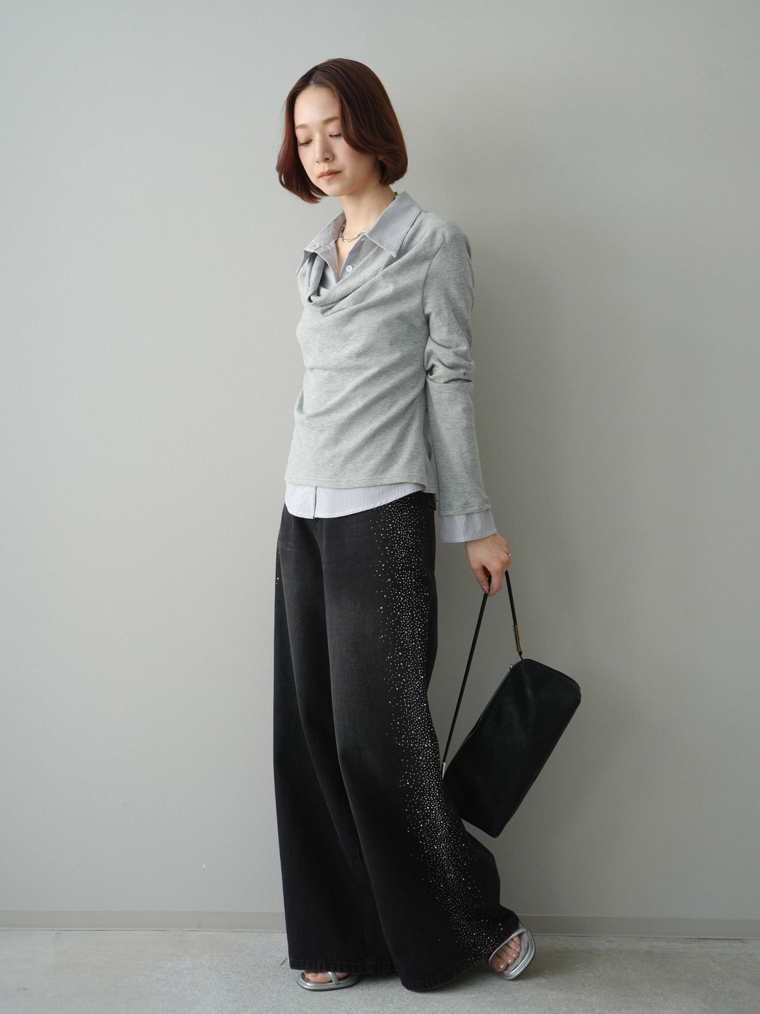 [予約]サイドビジューワイドデニムパンツ/black