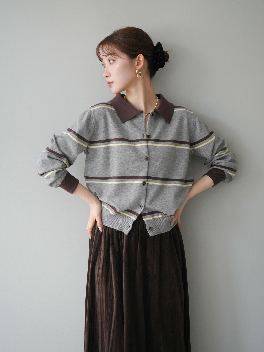 [予約]配色マルチボーダーポロニットカーディガン/gray