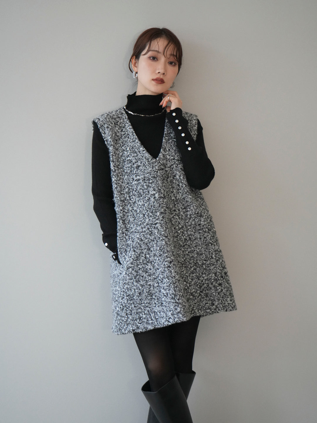 [予約]ミックスループヤーンニットミニワンピース/gray