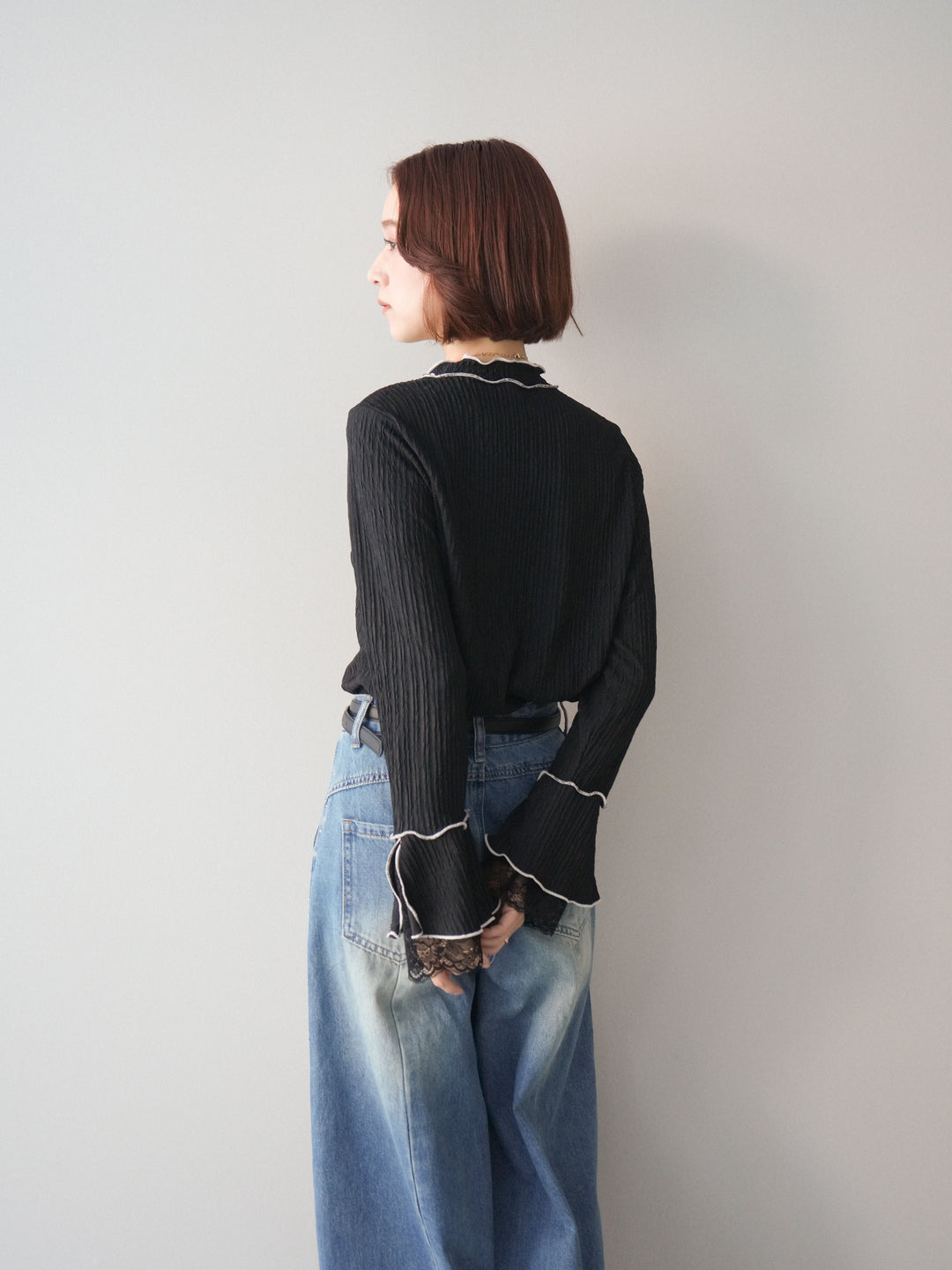 [予約]袖レース楊柳メロートップス/black