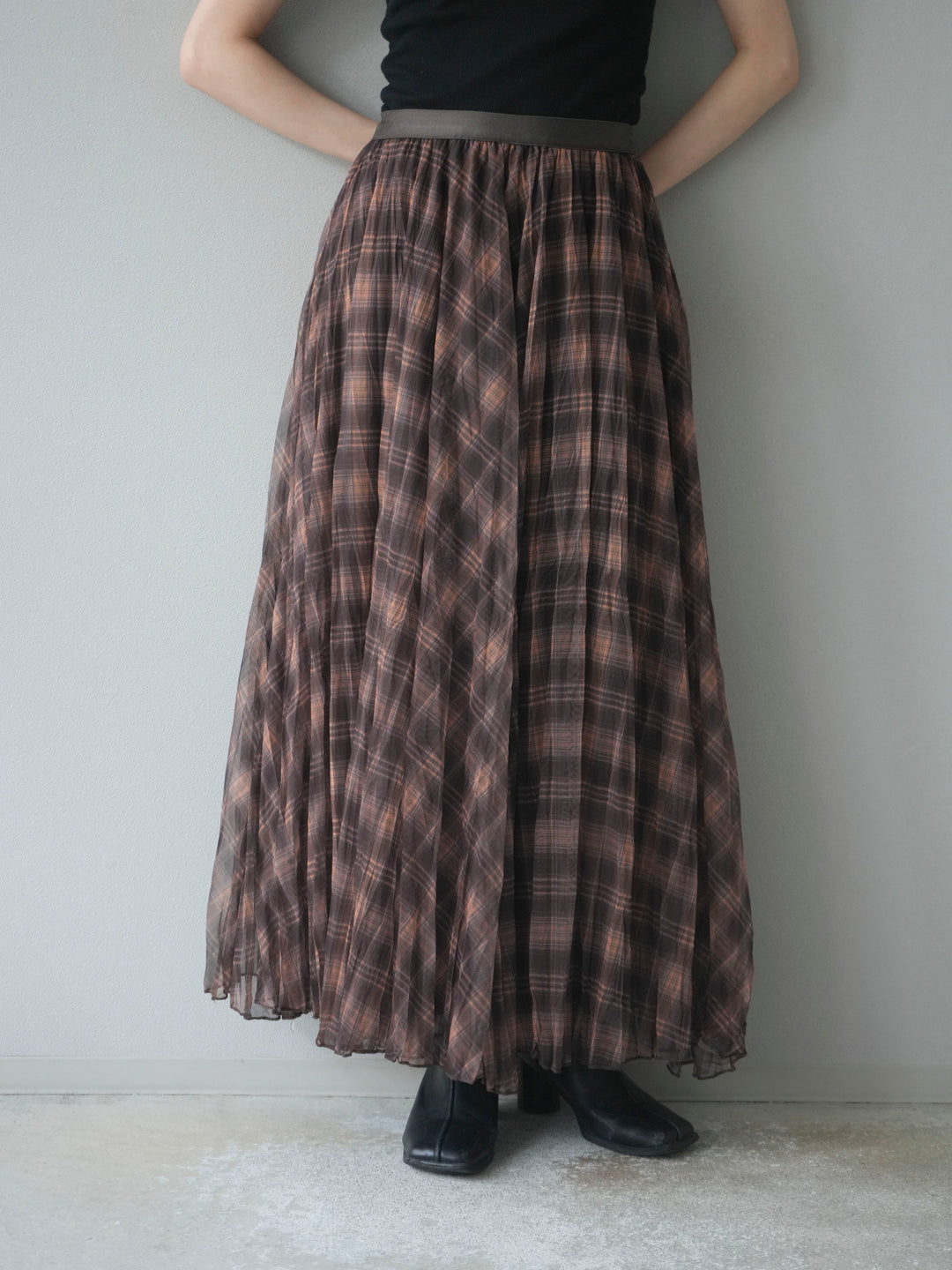 [予約]チェック柄ワッシャープリーツスカート/yellow