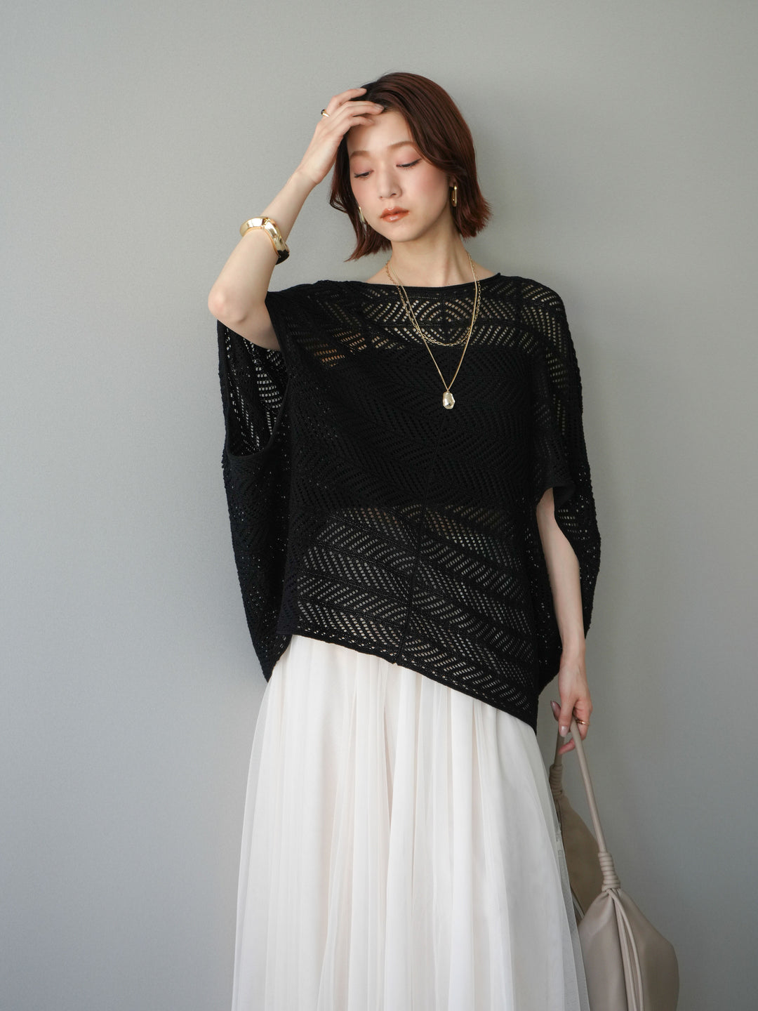 [予約]シアーポンチョニットトップス/black
