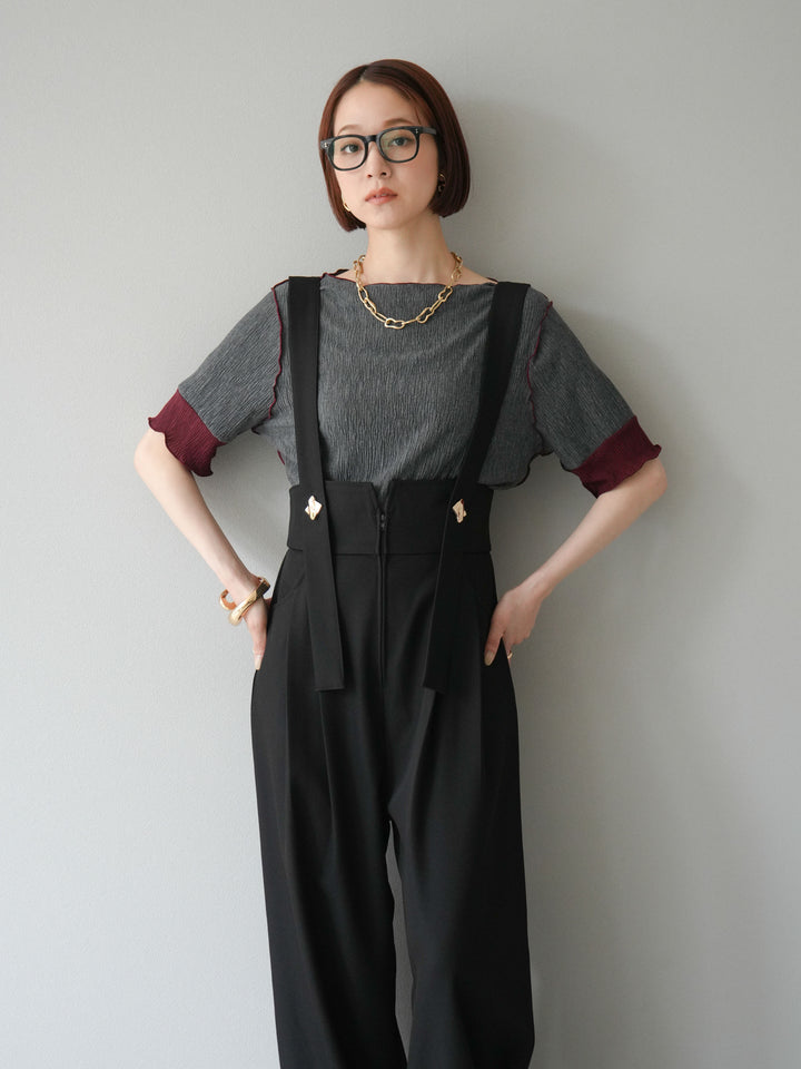 [SET]プリーツ配色ボートネックプルオーバー+ゴールドボタンサスペンダーワイドパンツ(2set)
