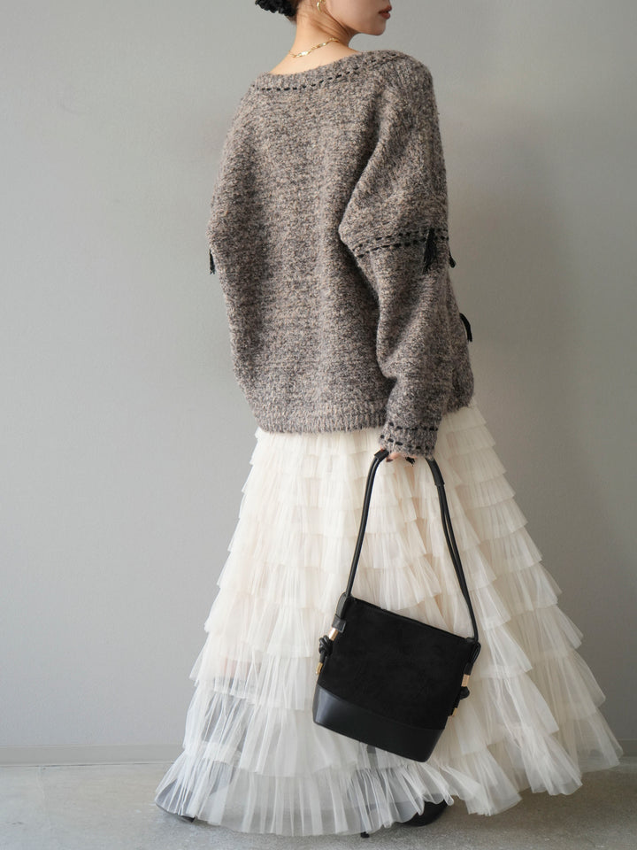 [予約]ハンドステッチデザインニットカーディガン/ブラウン