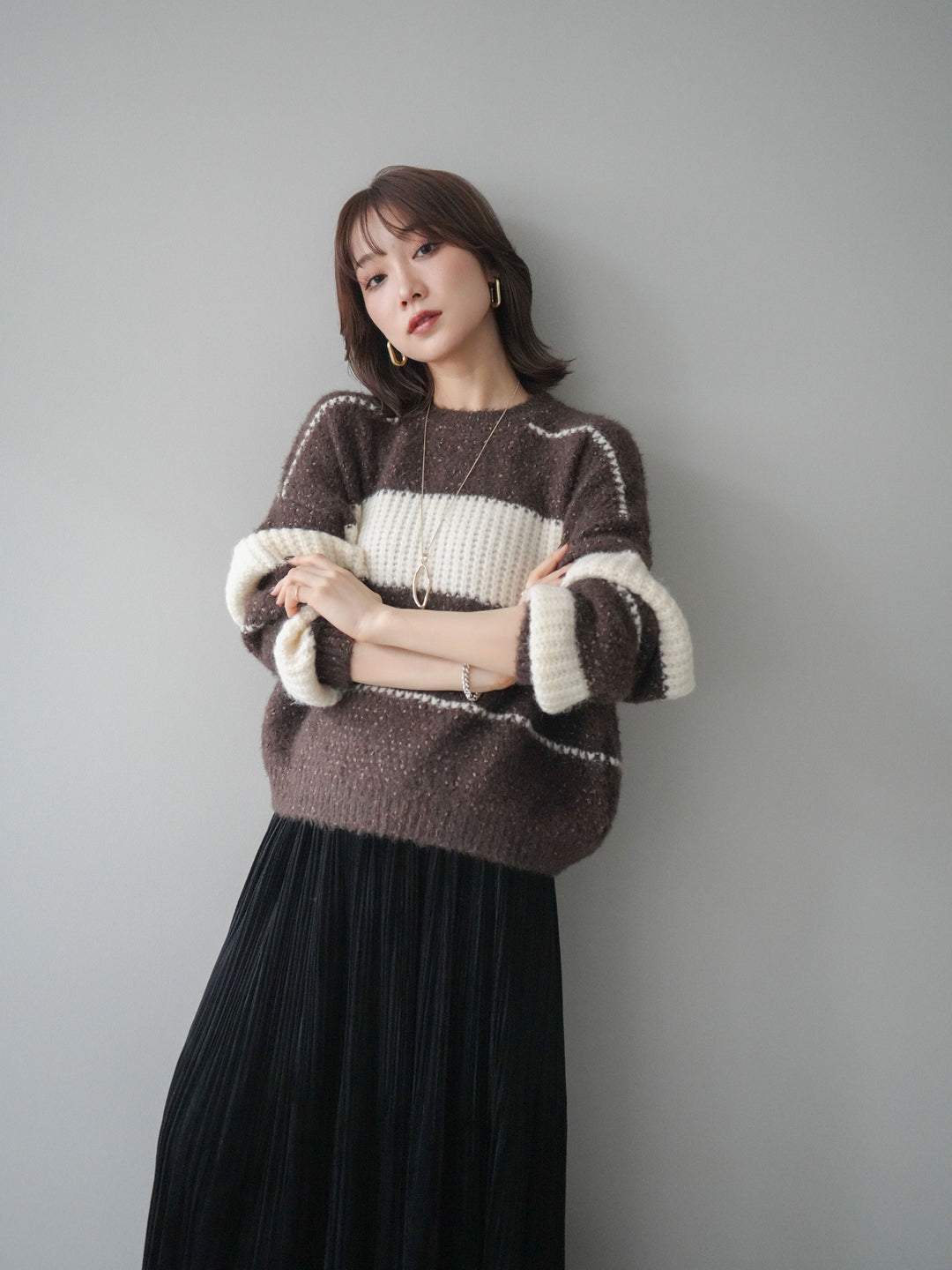 [SET]ネップヤーンボーダーニットプルオーバー+パンチングデザインスエードプリーツスカート(2set)