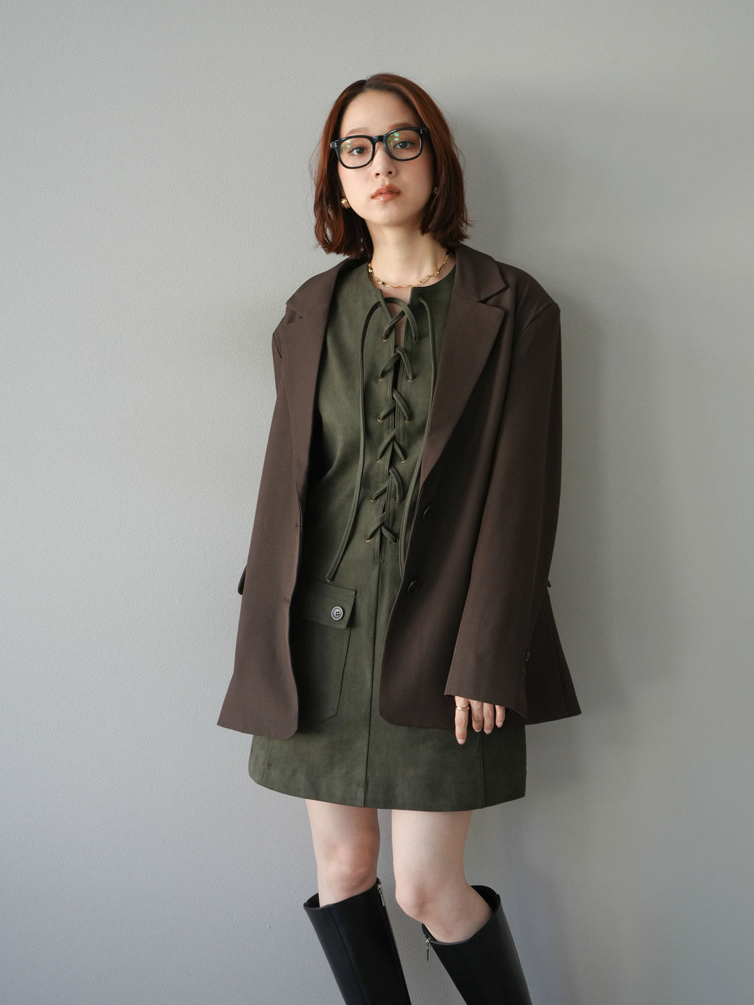 [予約]レースアップスエードミニワンピース/カーキ