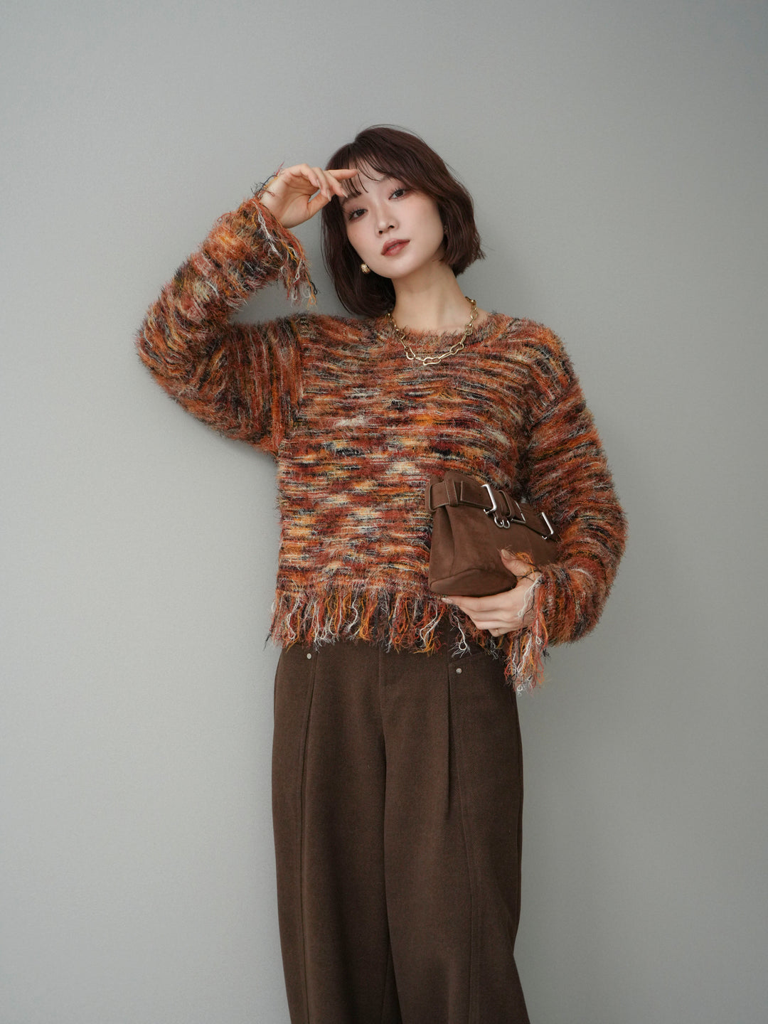 [SET]裾フリンジミックスヤーンシャギープルオーバー+ベルト付起毛コクーンパンツ(2set)