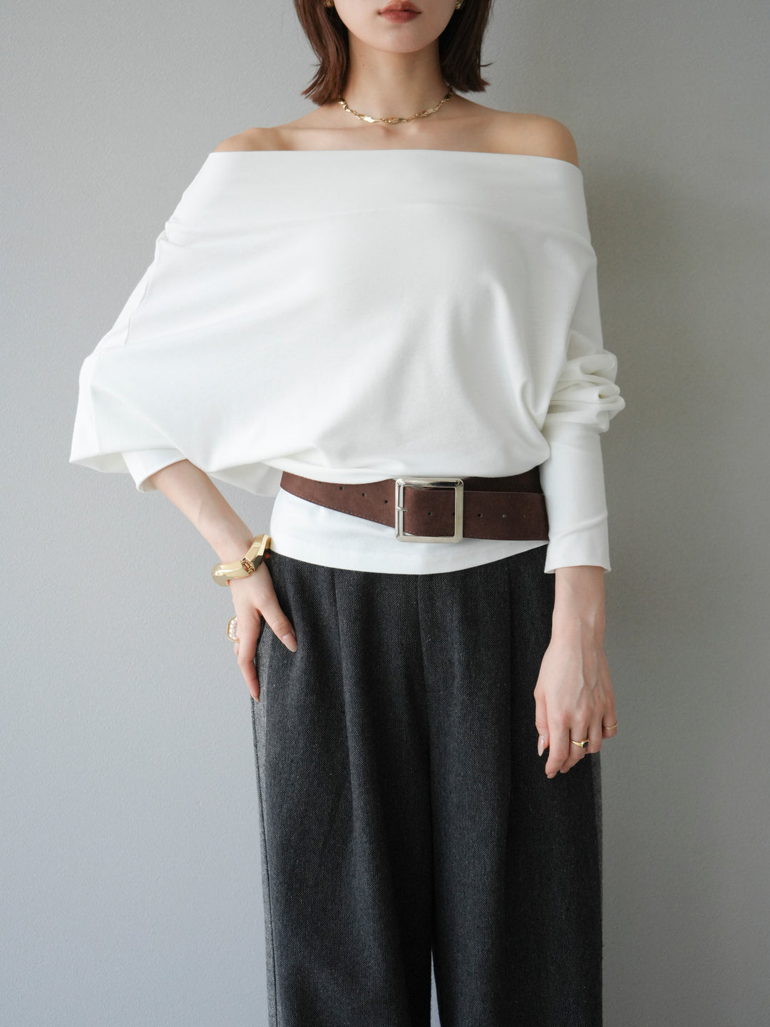 [予約]ベルト付オフショルカットソー/ホワイト