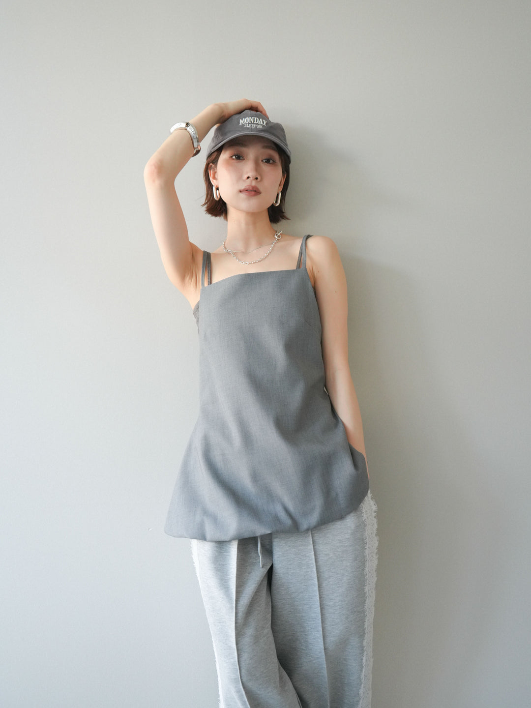 [SET]バックリボンバルーンチュニックキャミ+サイドレースポンチワイドパンツ(2set)