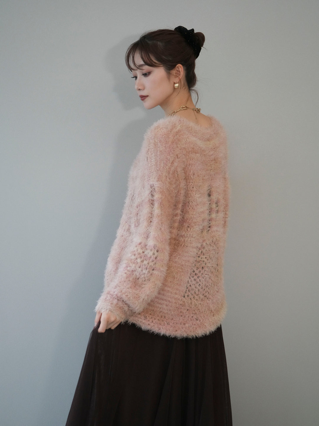 [予約]ミックスシャギールーズニットプルオーバー/pink