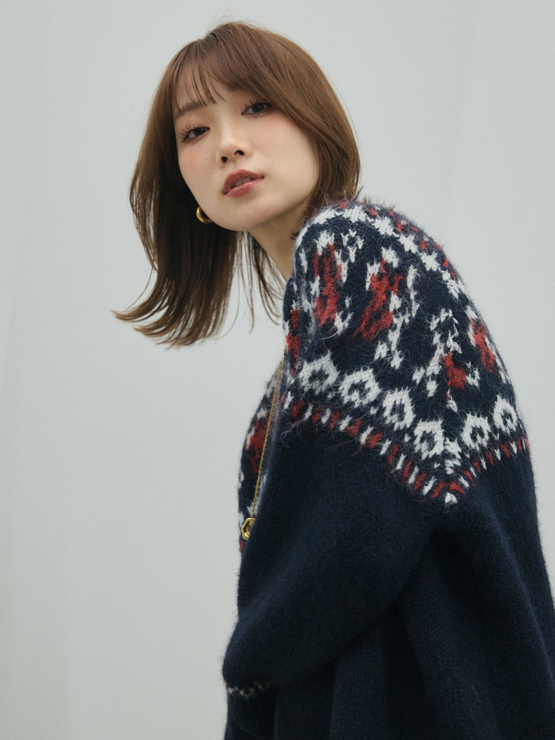 【Allure】[SET]ノルディック柄モックネックオーバニットプルオーバー+起毛レースストレッチナロースカート(2set)