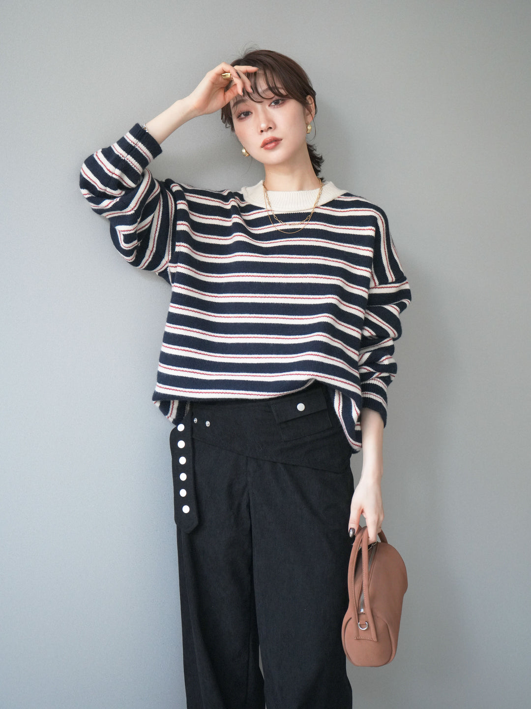 [予約]モックネックボーダーニットプルオーバー/navy