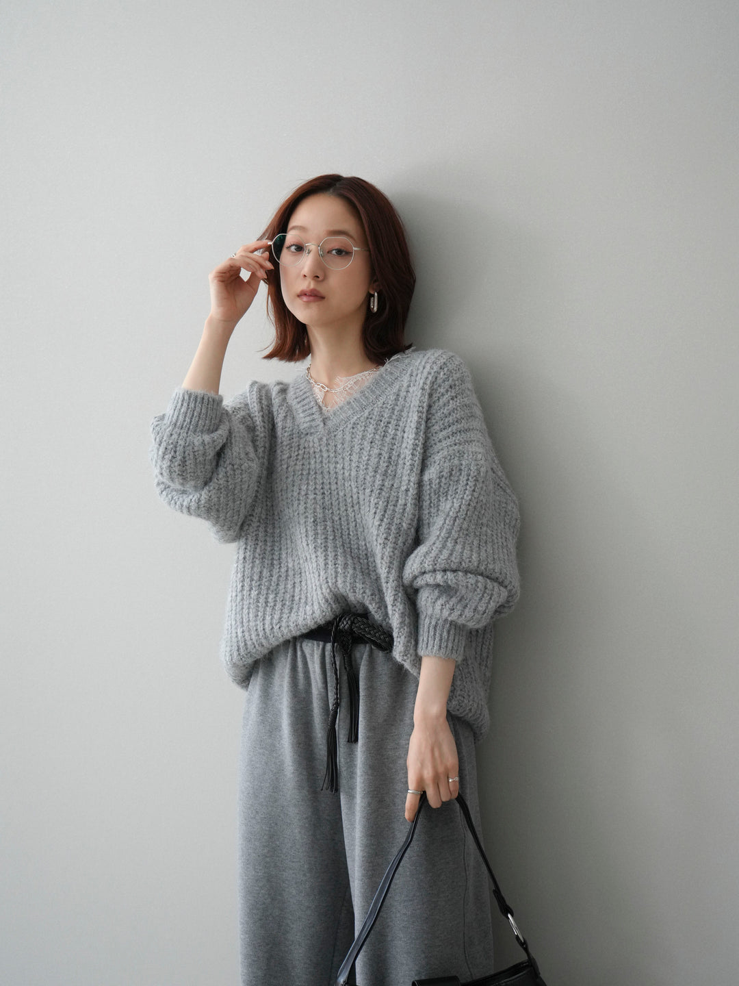 [SET]Vネックレースニットプルオーバー+編み込みベルト付きウエスト配色スエットパンツ(2set)