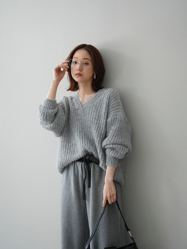 [SET]Vネックレースニットプルオーバー+編み込みベルト付きウエスト配色スエットパンツ(2set)