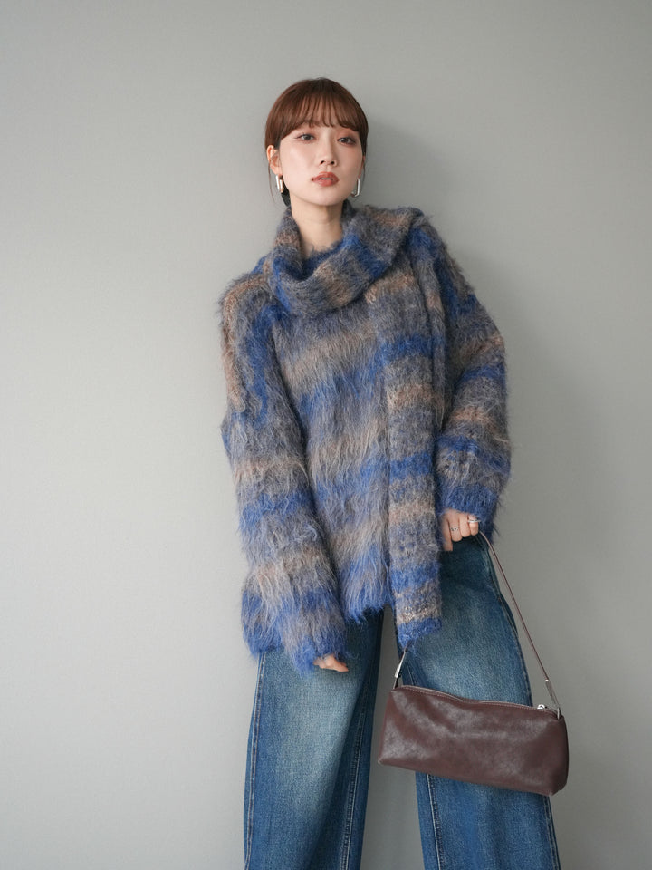 [予約]ストール付シャギーマルチボーダーニットプルオーバー/blue