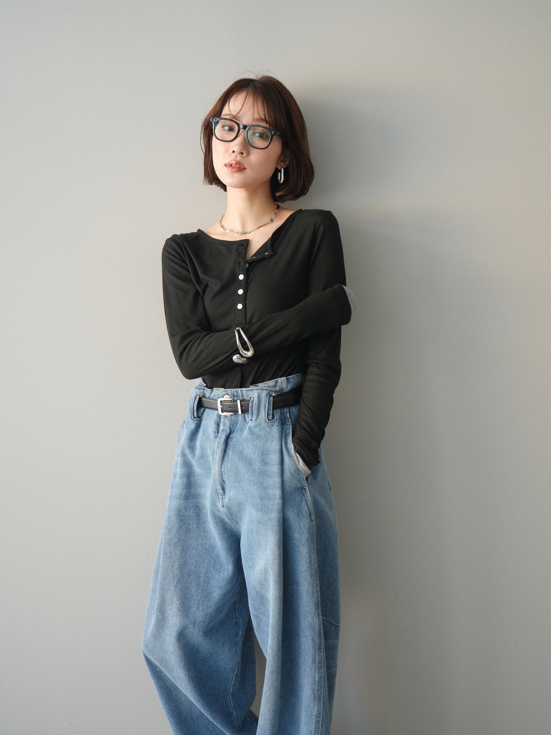 [予約]シアーリブバイカラーカーディガン/black