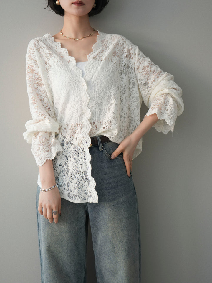 [SET]Vネックレースブラウス+裏起毛カットオフカーブデニムパンツ(2set)