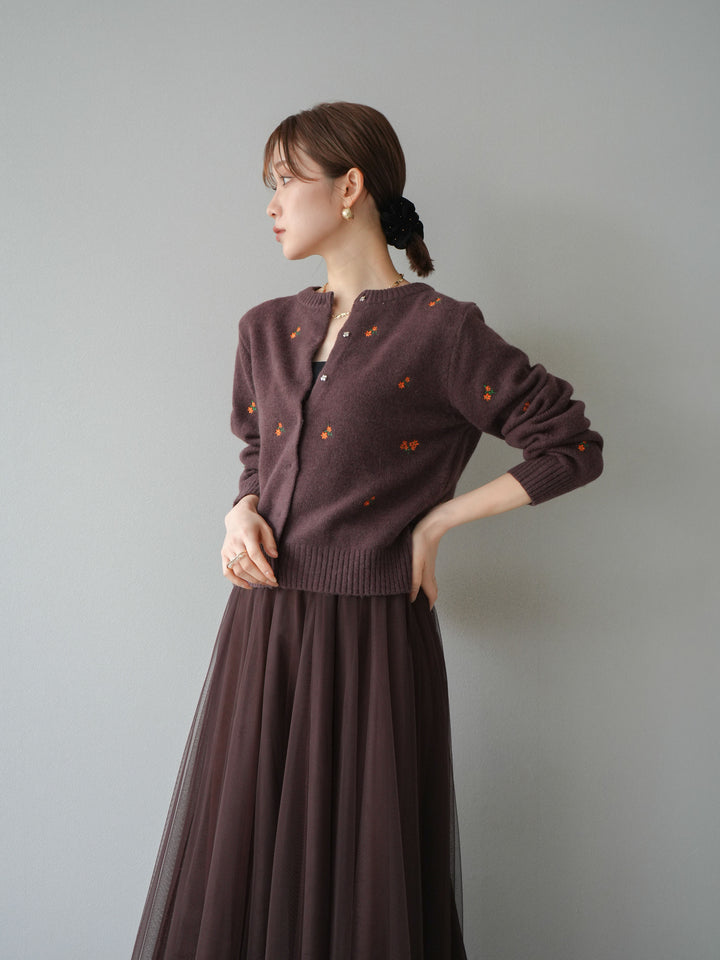 [SET]フラワー刺繍ニットカーディガン+チュールボリュームスカート(2set)