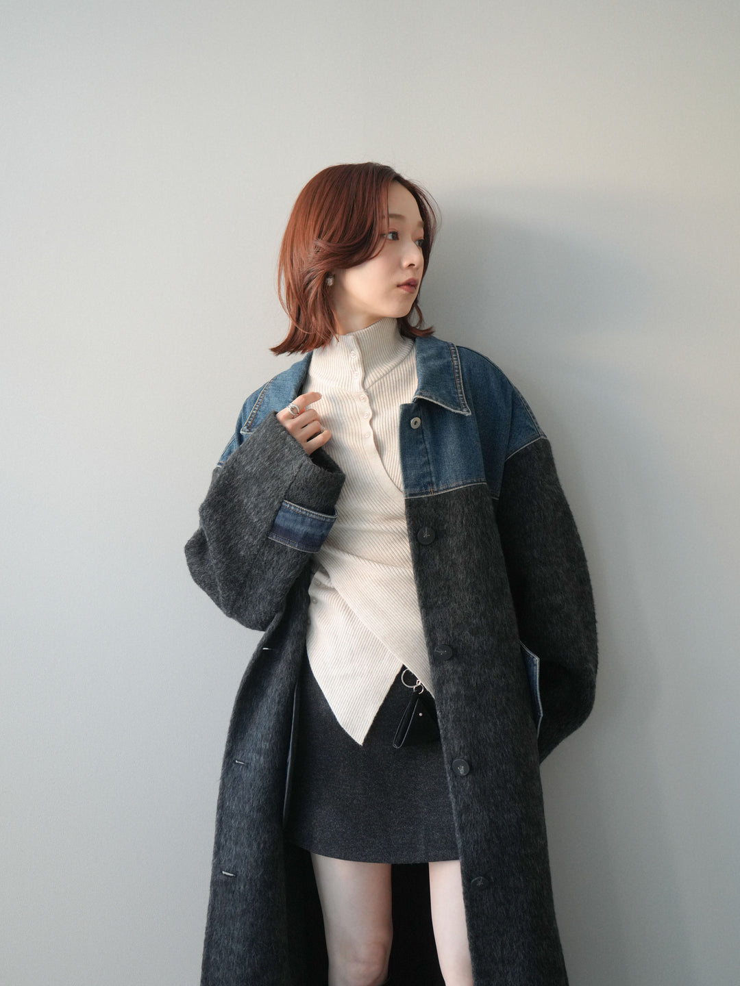 [SET]デニム切替シャギーステンカラーコート+ウールタッチベルト付ミニスカート(2set)