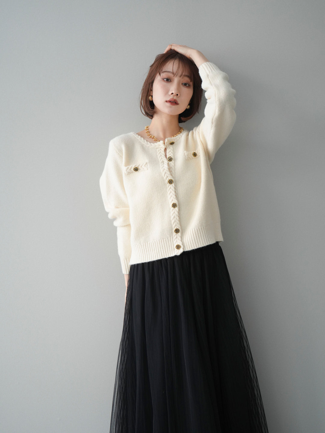 [SET]編みこみアンティークボタンニットカーディガン+チュールストライプボリュームスカート(2set)