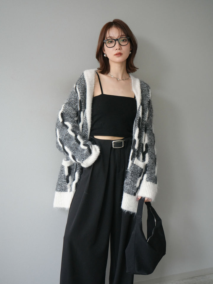[SET]バイカラー編み込みデザインニットカーディガン+ベルトループデザインワイドパンツ(2set)