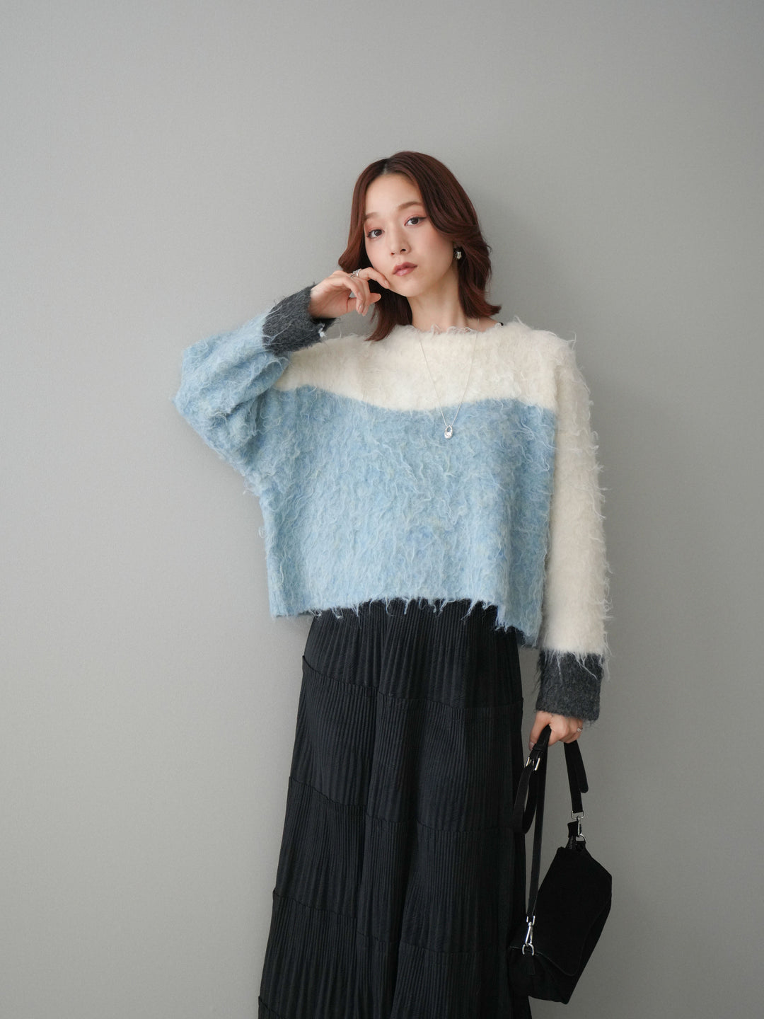 [SET]バイカラーモヘアタッチニットプルオーバー+型押しスエードティアードプリーツスカート(2set)