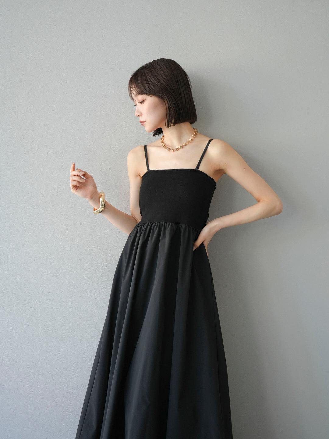 [予約]異素材ドッキングカップ付ベアキャミバルーンワンピース/ブラックブラック