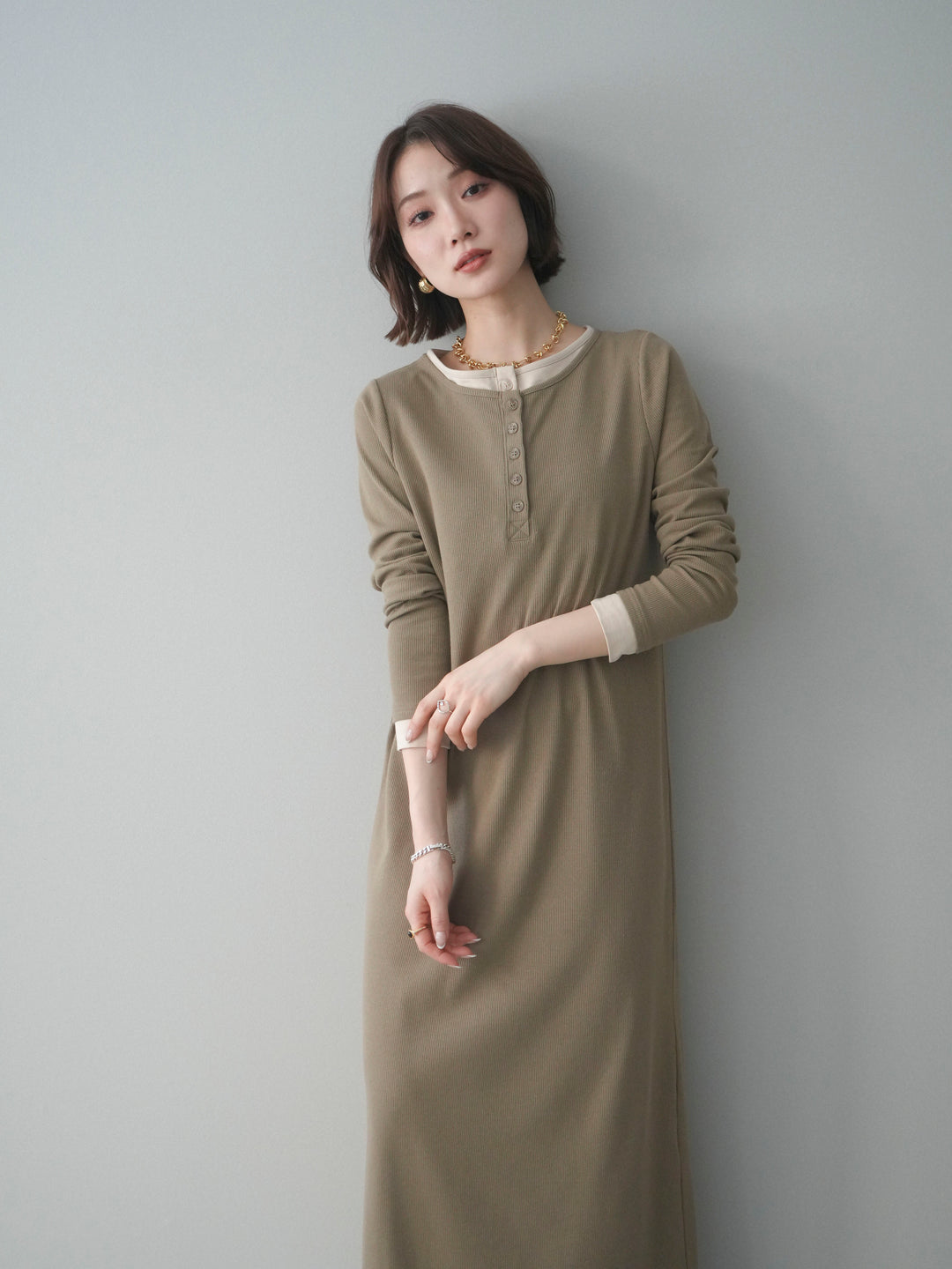 [予約]配色レイヤードヘンリーネックカットリブワンピース/mocha