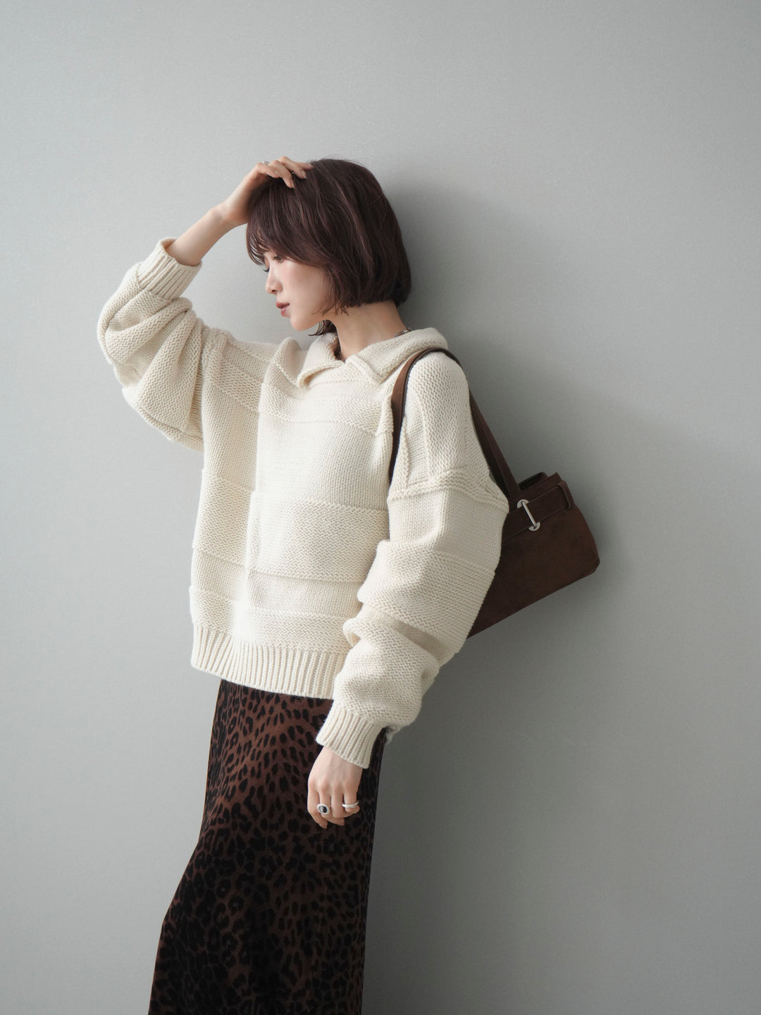 [SET]襟付きボーダー編みニットプルオーバー+レオパードベロアナロースカート(2set)