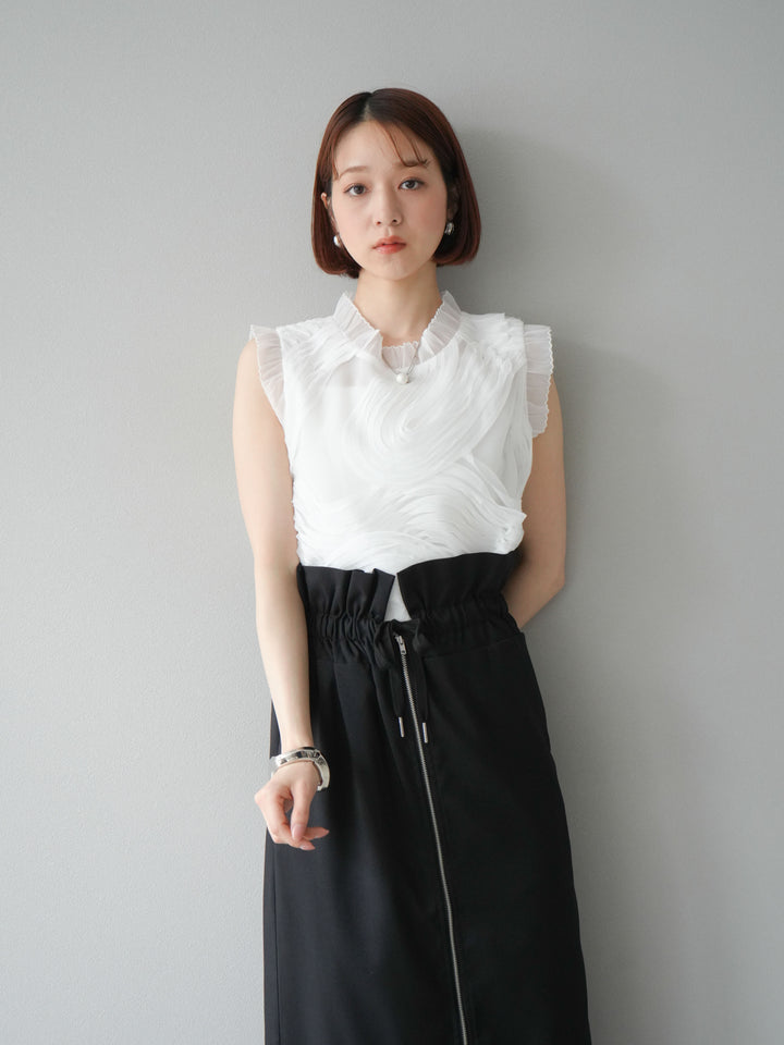 [SET]チュールジャガードノースリブラウス+ヘザーエステルギャザージップスカート(2set)