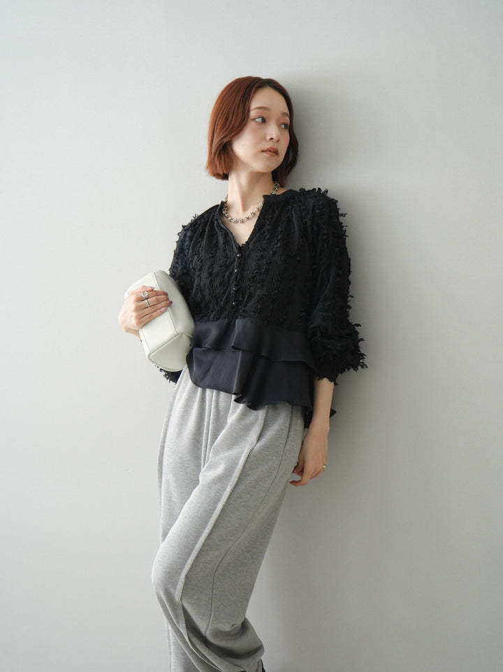 [SET]ジャガードぺプラムフリルブラウス+2WAYデザインスウェットパンツ(2set)