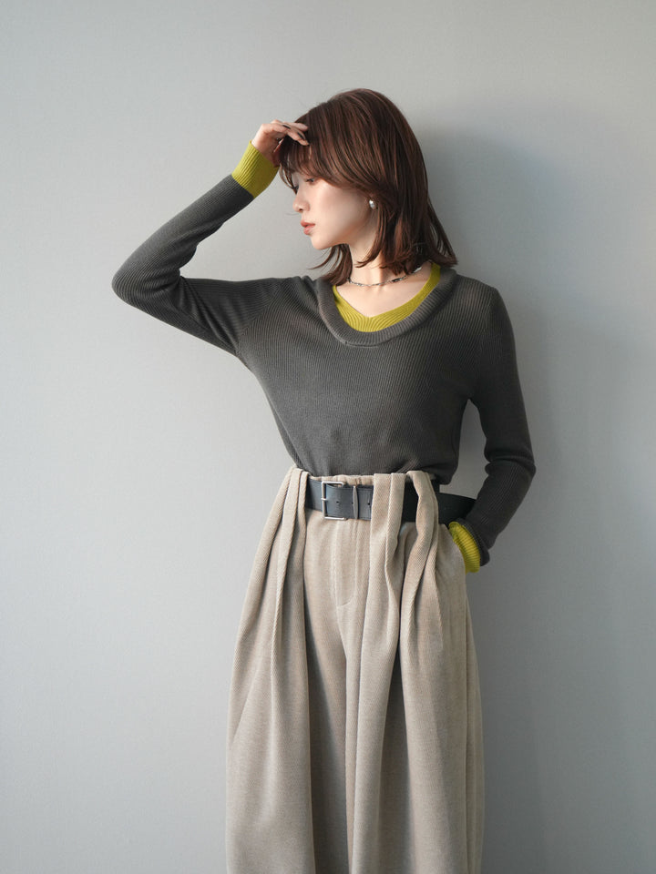 [予約]Uネック配色レイヤードリブニットトップス/gray