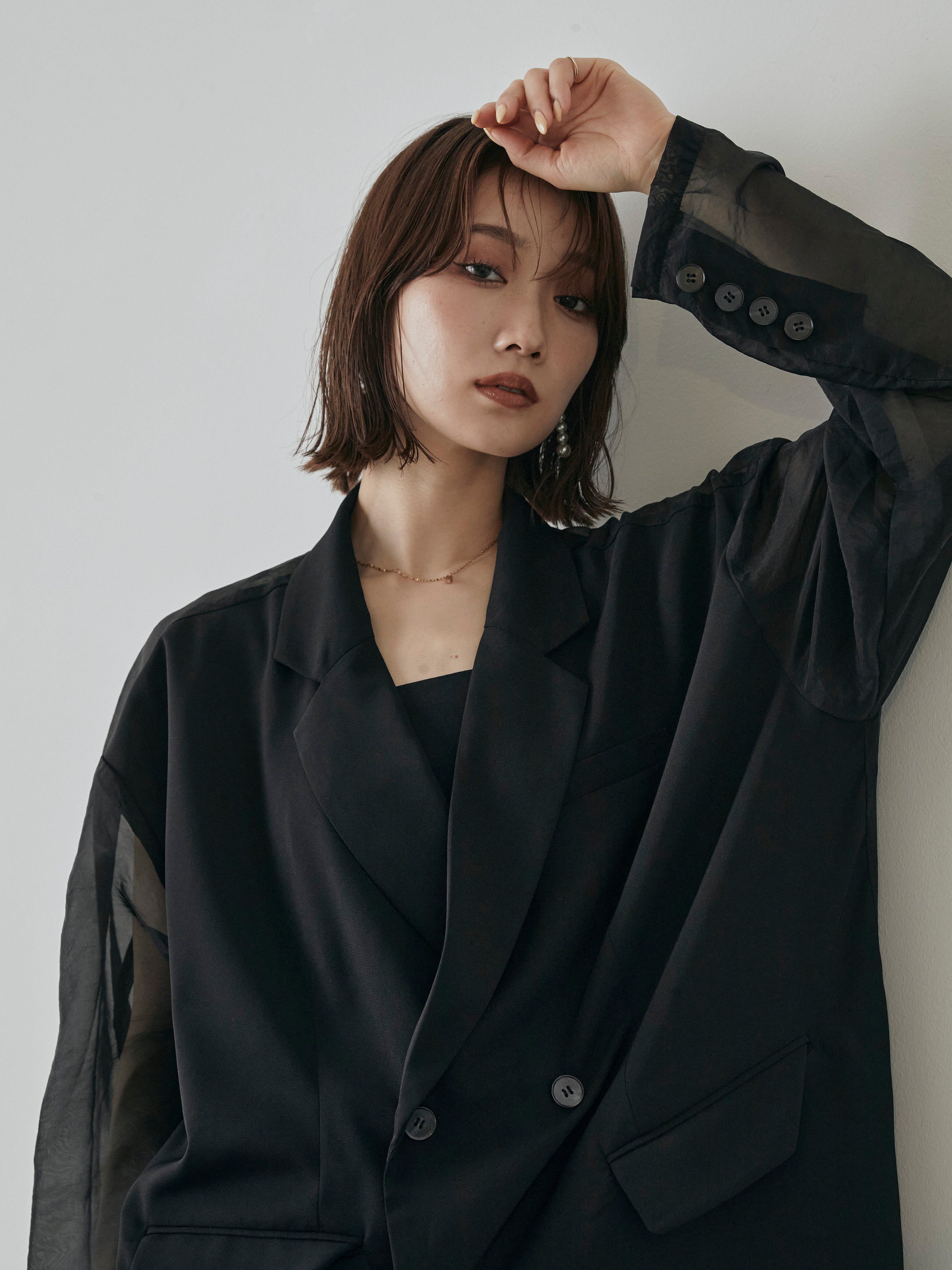 SET]シアー切替オーバーテーラードジャケット+サテンワッシャーナロー