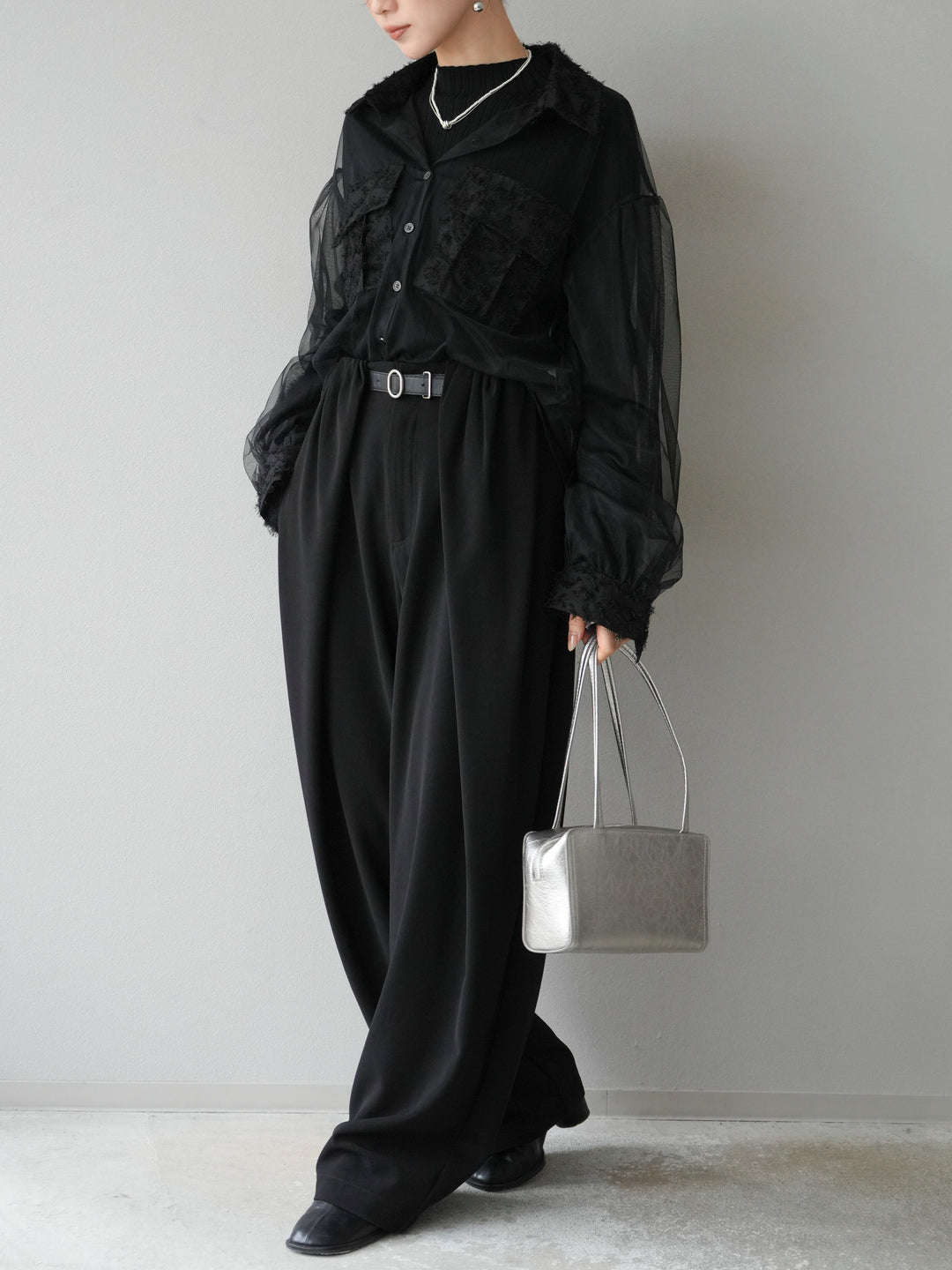 [予約]フリンジジャガード×チュールレイヤードシャツ/ブラック