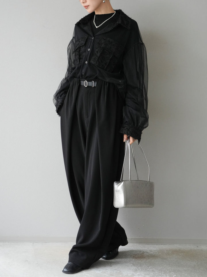 [予約]フリンジジャガード×チュールレイヤードシャツ/ブラック