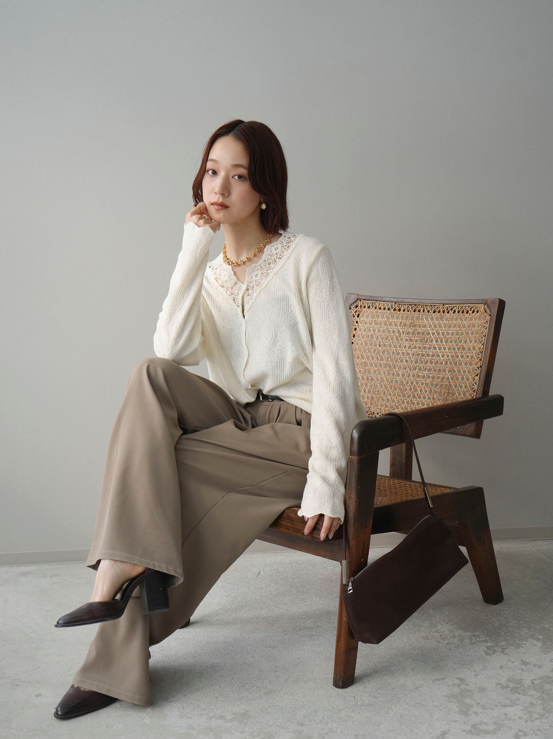 [SET]レースネックジャガードニットカーディガン+ベルト付キーホルダーモチーフワイドパンツ(2set)