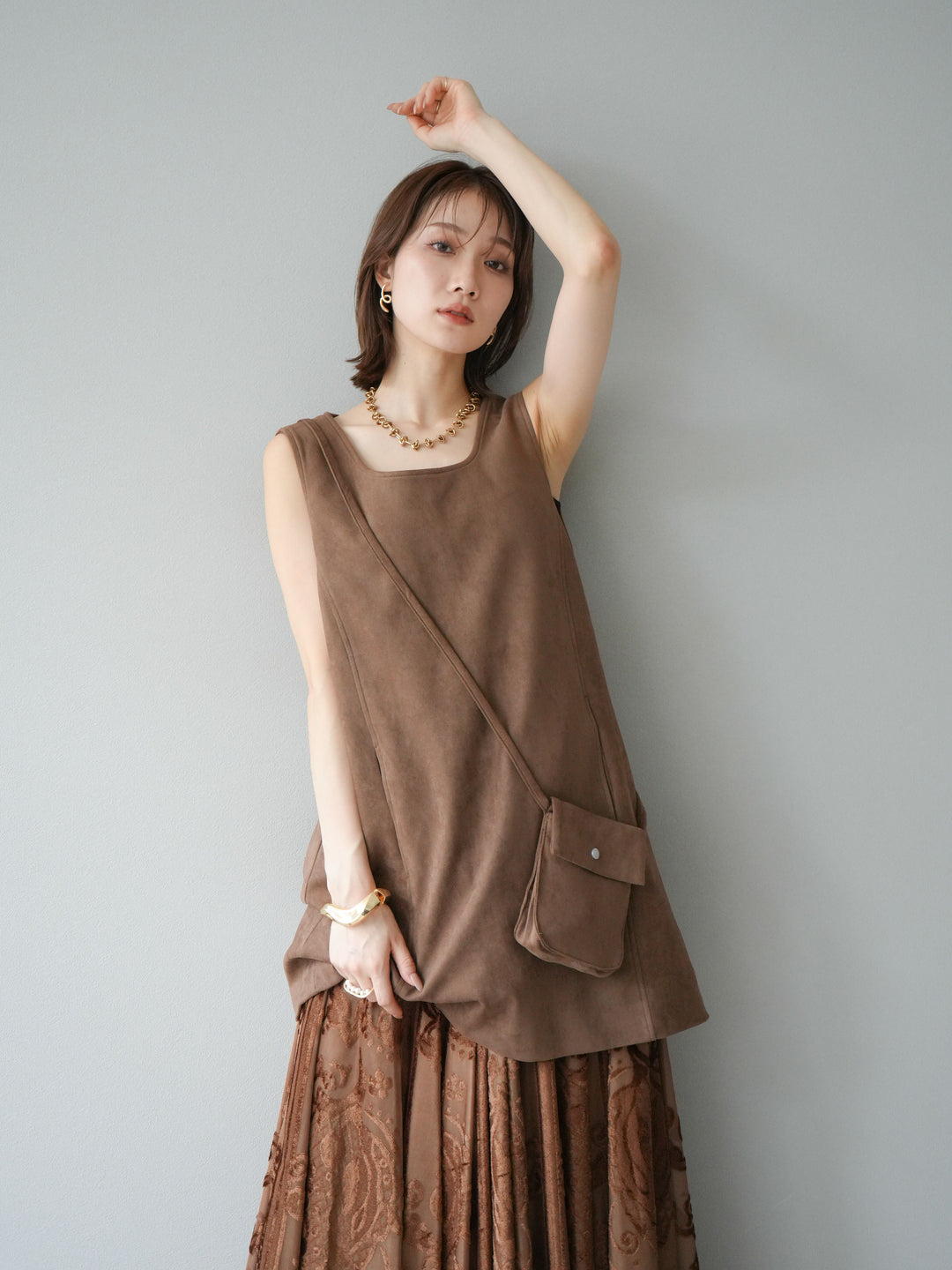 [予約]ショルダーポーチ付スウェードミニワンピース/ブラウン