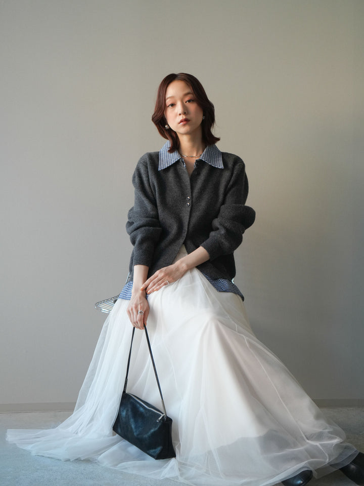 [SET]チェックシャツ襟ニットカーディガン+チュールボリュームスカート(2set)