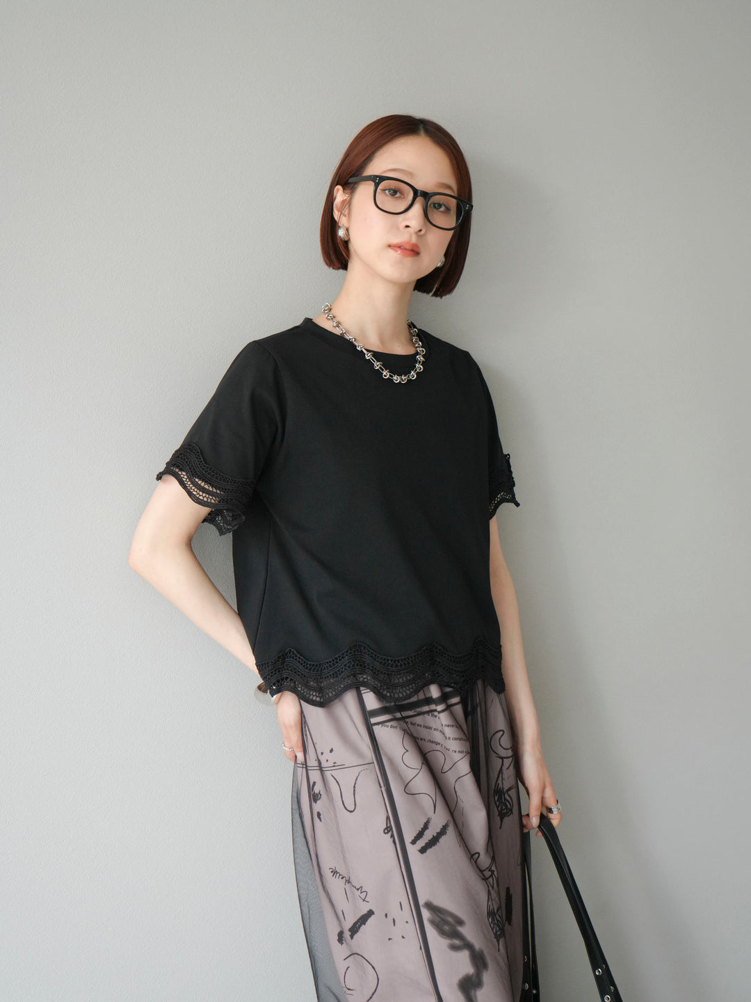 [SET]レース切替カットソー+コード刺繍チュールレイヤードパンツ(2set)