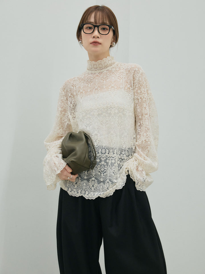 【Allure】[SET]ハイネックレーストップス+モックスカルゼサイドタックコクーンパンツ(2set)