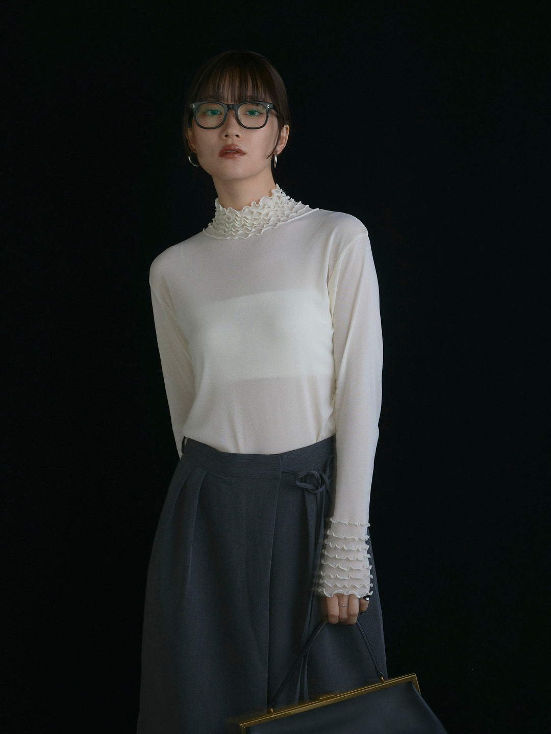 【Allure】[SET]シアーフリルメロートップス+ラップデザインタックワイドパンツ(2set)