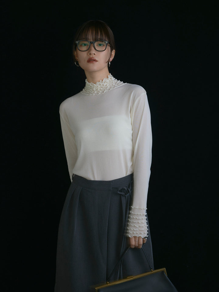 【Allure】[SET]シアーフリルメロートップス+ラップデザインタックワイドパンツ(2set)