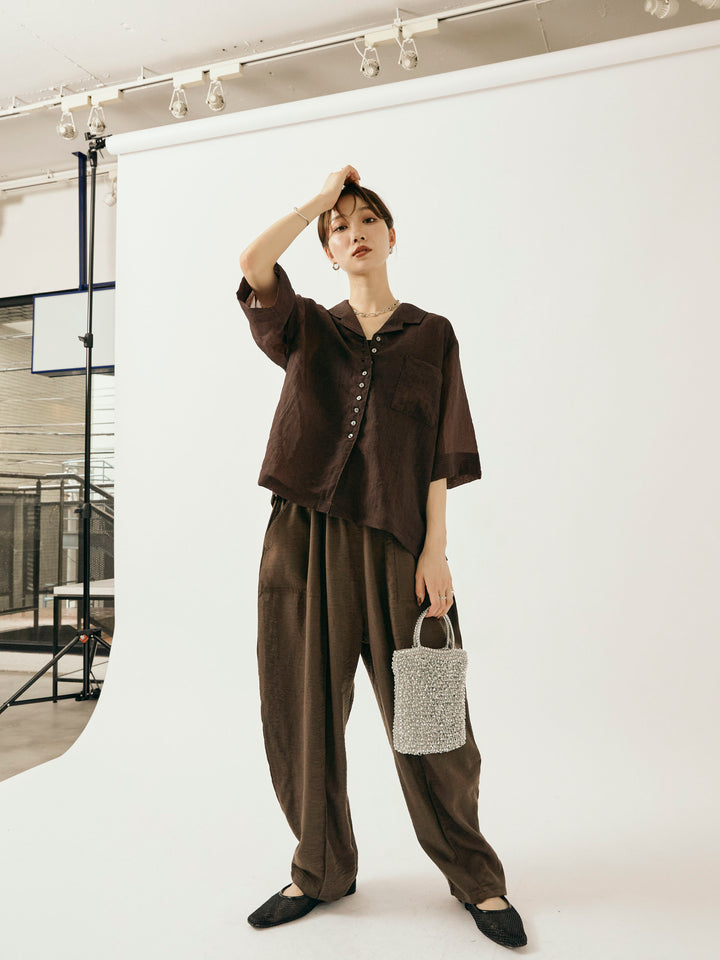 【Allure】[SET]シャイニースラブシアー開襟ハーフシャツ+リネンライクベイカーバルーンパンツ(2set)