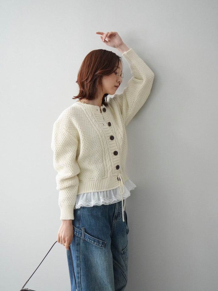 [SET]裾レースケーブルニットカーディガン+ペインターカーブデニムパンツ(2set)