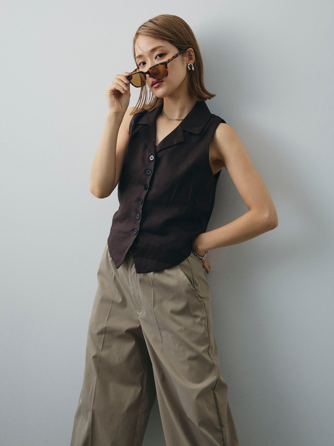 [予約]リネンライクテーラードジレ/ブラウン