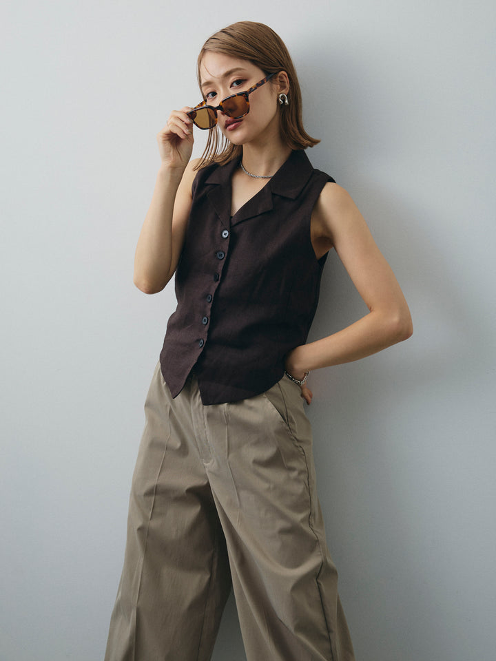 [予約]リネンライクテーラードジレ/ブラウン