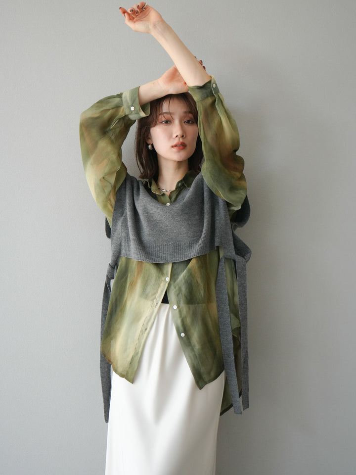 [予約]サイドリボンVネックショートニットベスト/チャコール