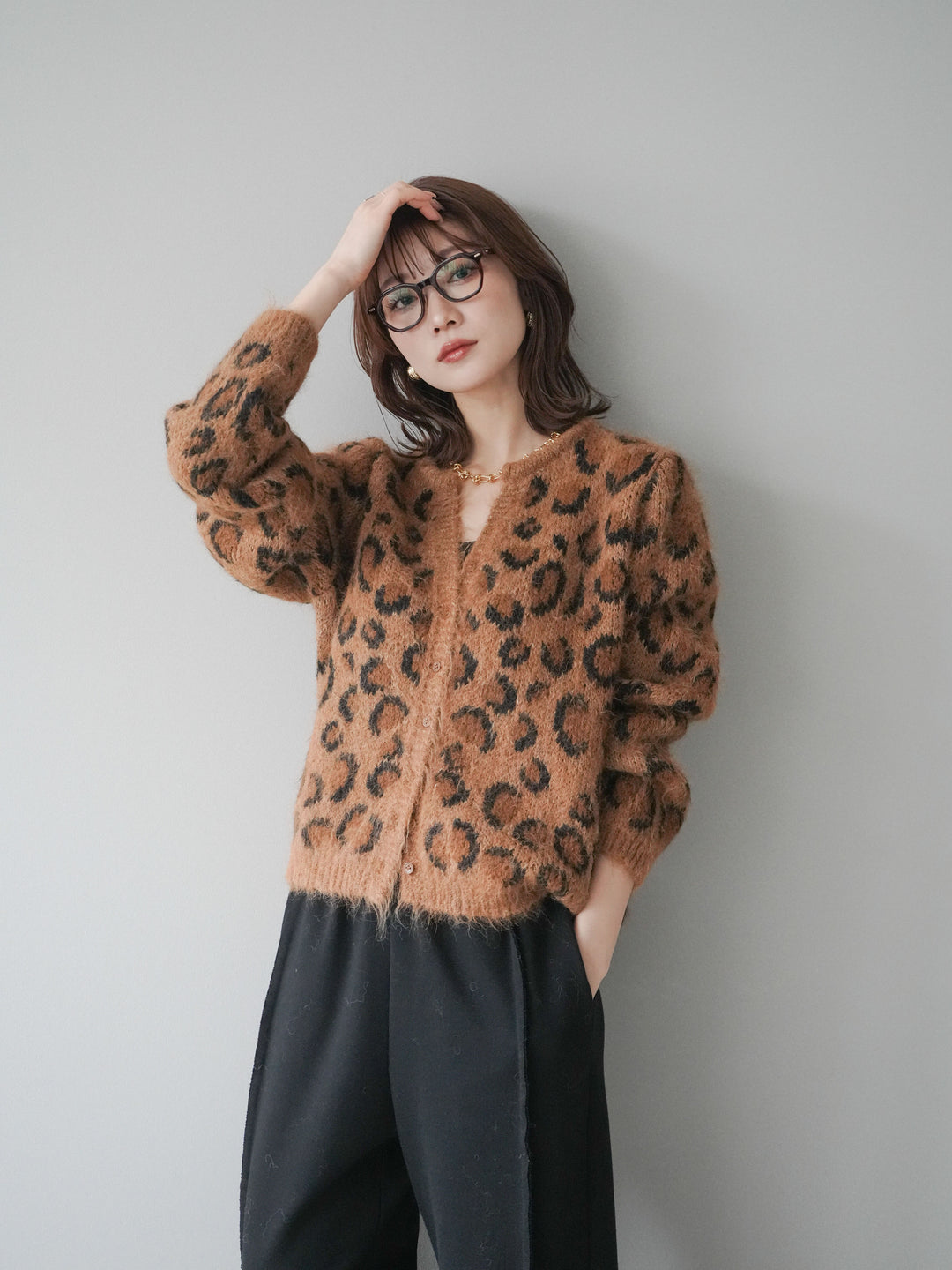 [SET]モヘアタッチレオパード柄ニットカーディガン+モヘアタッチレオパード柄ニットカーディガン(2set)